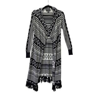 Mia Maddison Hooded Duster Cardigan Black White Tribal Geometric Fringe S